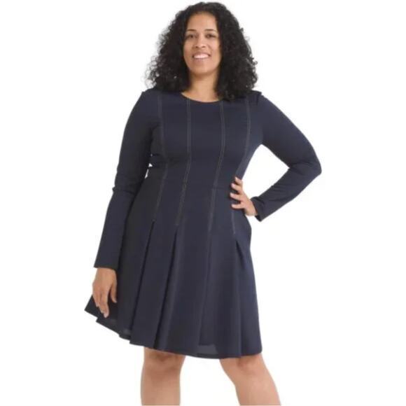 Anthropologie Hutch Pleat Fit & Flare long sleeves‎ Dress Navy Blue, size L - Picture 1 of 16